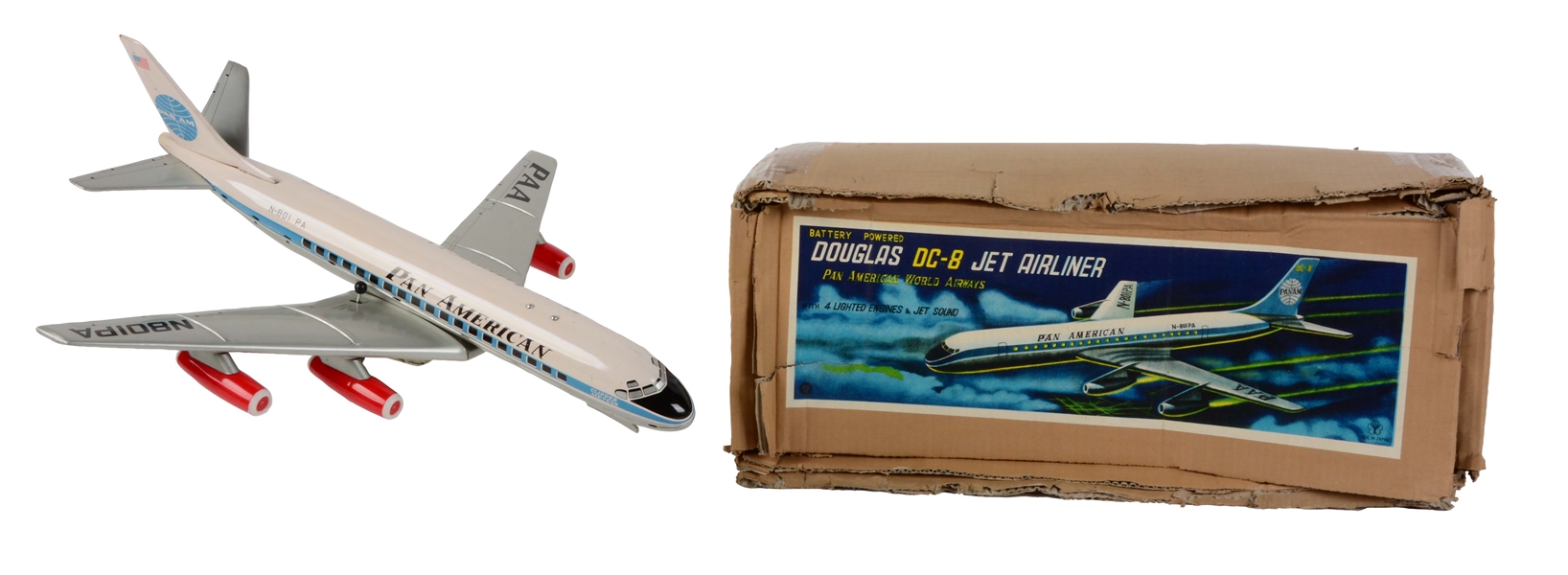 JAPANESE TIN LITHO BATTERY OPERATED DOUGLAS DC - 8 JET AIRLINER. 