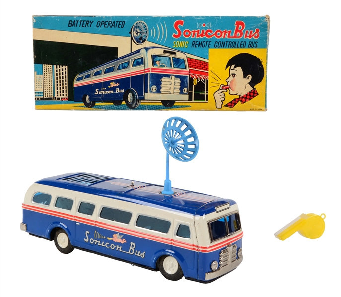JAPANESE TIN LITHO BATTERY OPERATED SONICON BUS IN BOX. 