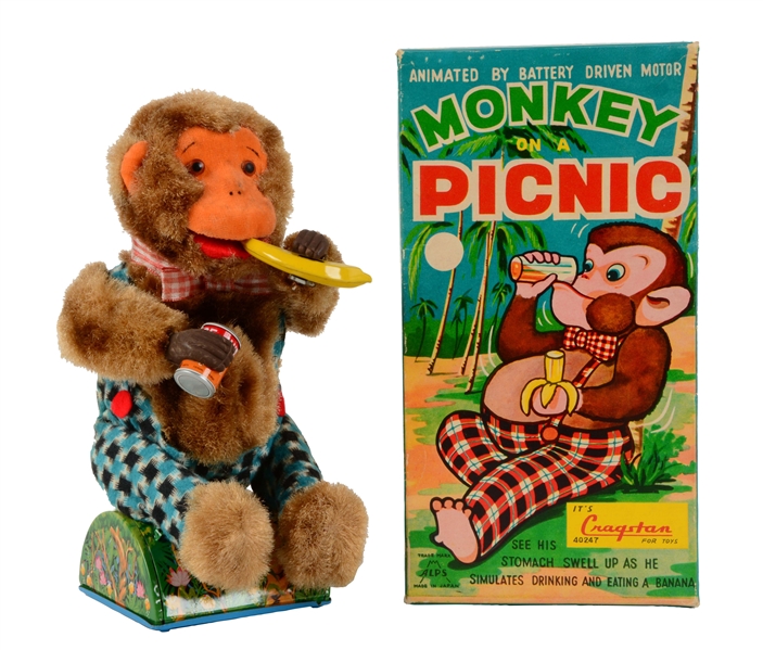JAPANESE BATTERY OPERATED MONKEY ON A PICNIC TOY IN BOX. 