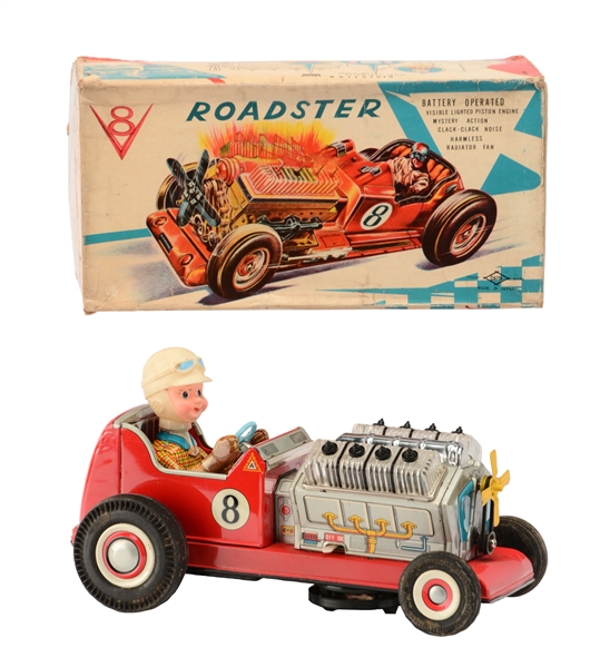JAPANESE TIN LITHO BATTERY OPERATED HOT ROD ROADSTER IN BOX. 