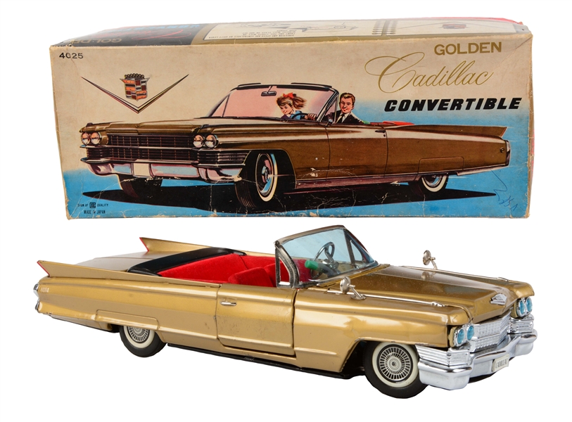 JAPANESE TIN LITHO BATTERY OPERATED GOLDEN CADILLAC CONVERTIBLE IN BOX. 