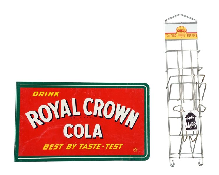 LOT OF 2: ROYAL CROWN COLA FLANGE SIGN AND SHELL MAP HOLDER. 
