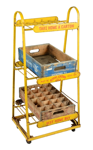 ROYAL CROWN COLA DISPLAY SHELF WITH WOODEN BOTTLE CRATES.