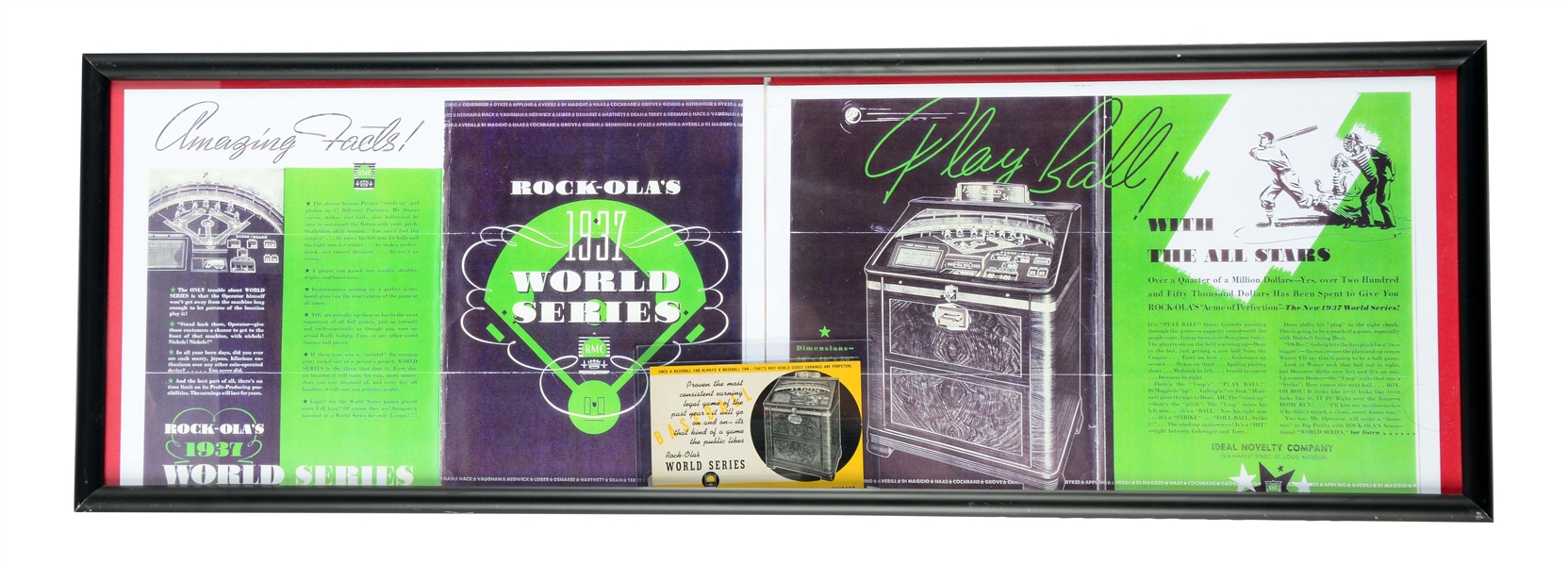 FRAMED PHOTOCOPY OF ROCK-OLA 1937 WORLD SERIES ADVERTISEMENT WITH LAMINATED ROCK-OLA WORLD SERIES CARD.
