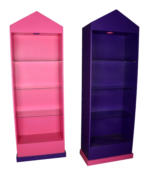 LOT OF 2: PAIR OF LARGE PINK AND PURPLE LIGHTED DISPLAY CABINETS.