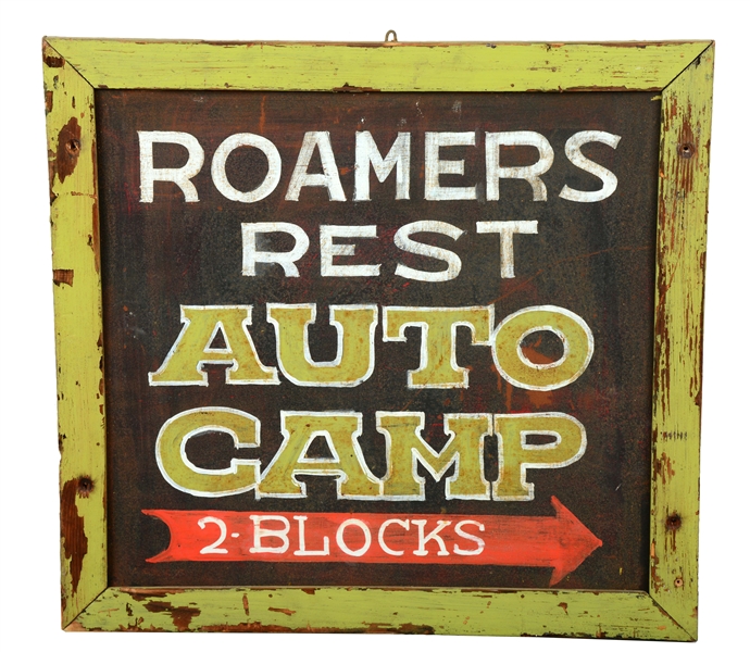 TIN "ROAMERS REST AUTO CAMP" WITH WOODEN FRAME.