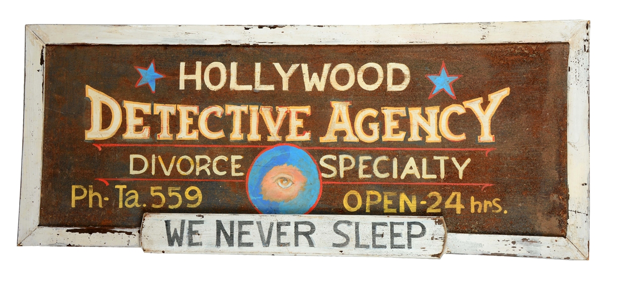 TIN "HOLLYWOOD DETECTIVE AGENCY " SIGN WITH WOODEN FRAME. 