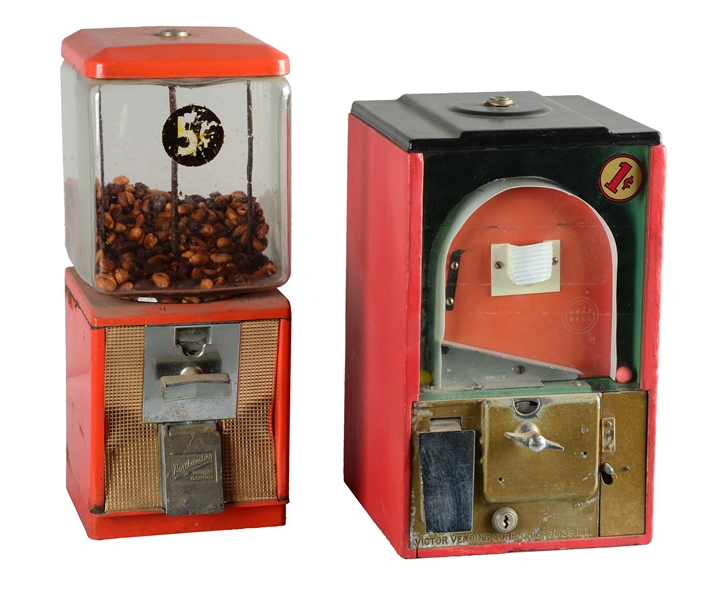 LOT OF 2: 5¢ AND 1¢ GUMBALL VENDING MACHINES.