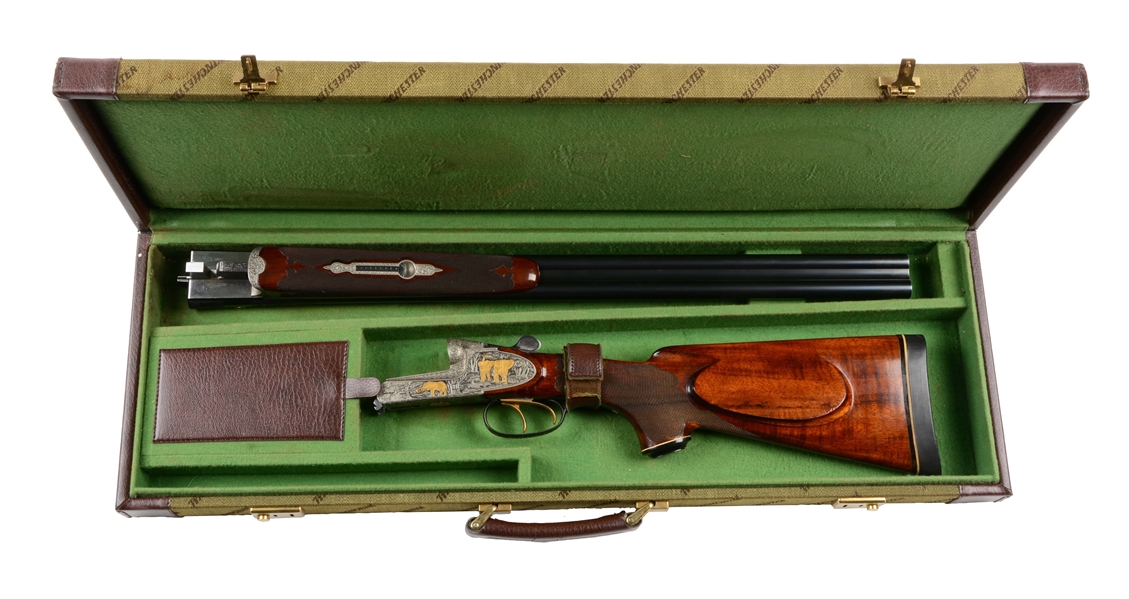 (M) EXQUISITE CASED ENGRAVED & GOLD INLAID FRANZ SODIA .458 WIN MAG SXS DOUBLE RIFLE.