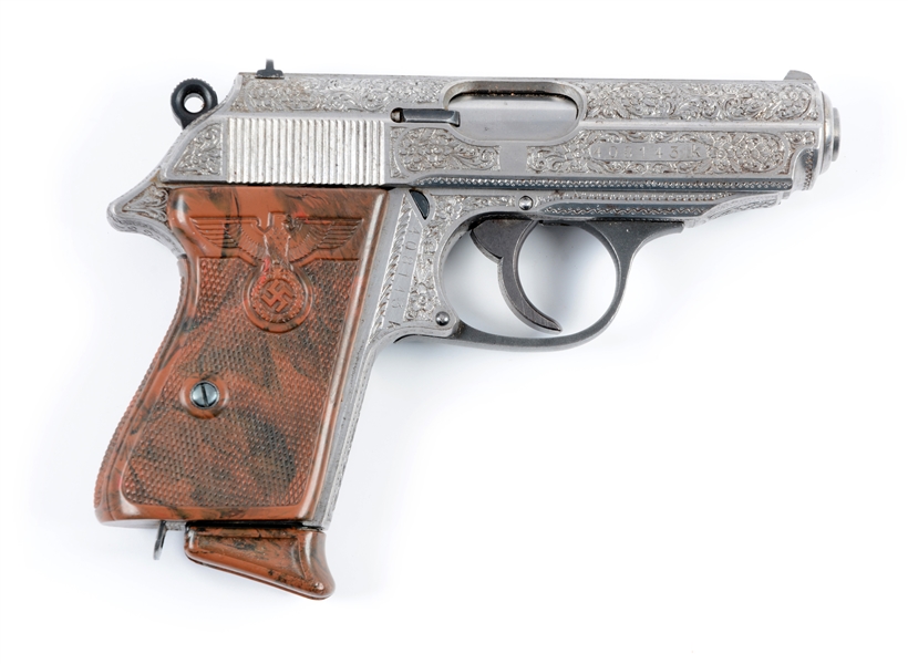 (C) ENGRAVED WALTHER PPK SEMI-AUTOMATIC PISTOL WITH "PARTY LEADER" GRIPS.