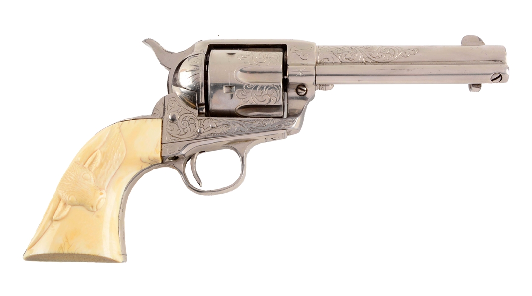(C) FACTORY ENGRAVED COLT SINGLE ACTION ARMY REVOLVER WITH STEER HEAD IVORY GRIPS.