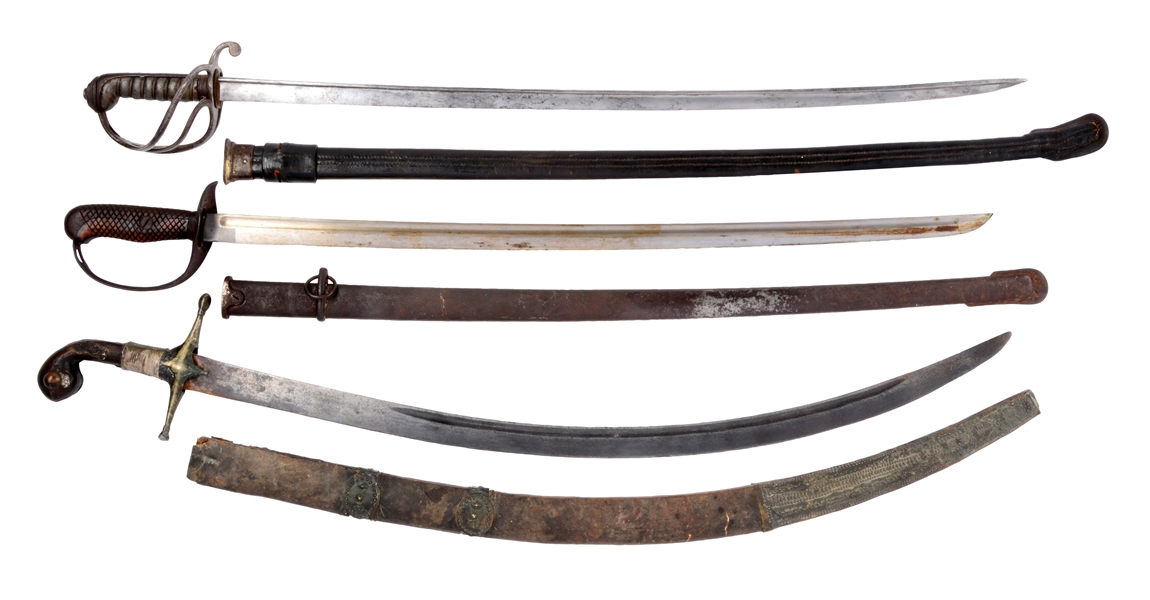 LOT OF 3: BRITISH PATTERN 1821 SWORD, WWII JAPANESE OFFICERS SWORD, AND PERSIAN SHAMSHIR.
