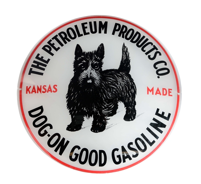 THE PETROLEUM PRODUCTS CO. KANSAS MADE DOG ON GOOD GASOLINE 13-1/2" GLOBE WITH SCOTTIE DOG GRAPHIC. 