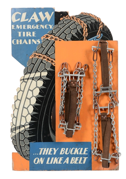 CLAW EMERGENCY TIRE CHAINS EASEL BACK CARDBOARD COUNTER TOP SIGN WITH DISPLAY CHAINS.