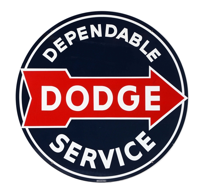 DEPENDABLE DODGE SERVICE PORCELAIN SIGN WITH ARROW GRAPHIC.                