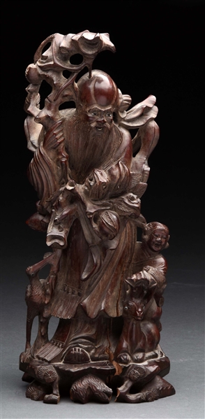 MAHOGANY CARVED ASIAN MAN WITH CHILD.
