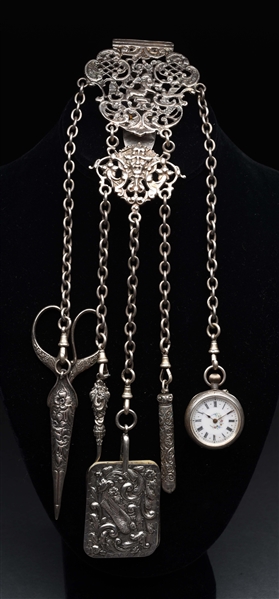 VICTORIAN ENGLISH ANTIQUE STERLING SILVER CHATELAINE. 