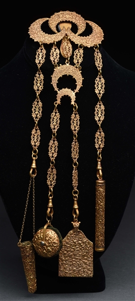ANTIQUE ENGLISH VICTORIAN CHATELAINE IN GOLD GILT.