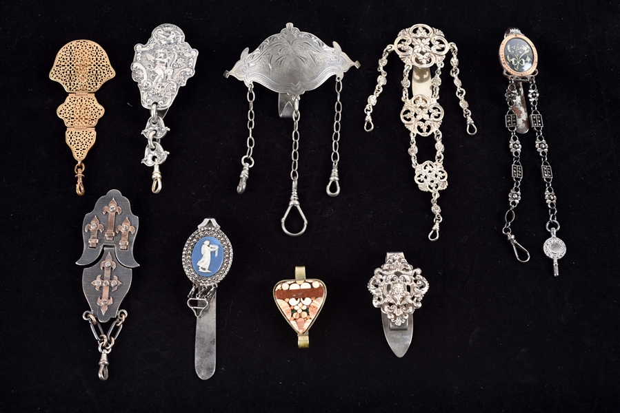 LOT OF 9: ANTIQUE ENGLISH VICTORIAN CHATELAINE ACCESSORIES.