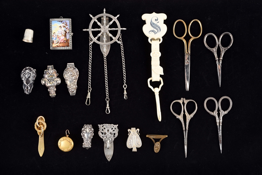 LOT OF 15: ANTIQUE ENGLISH VICTORIAN CHATELAINE ACCESSORIES.
