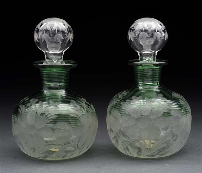 LOT OF 2: UNMARKED STEUBEN ETCHED PERFUME BOTTLES.
