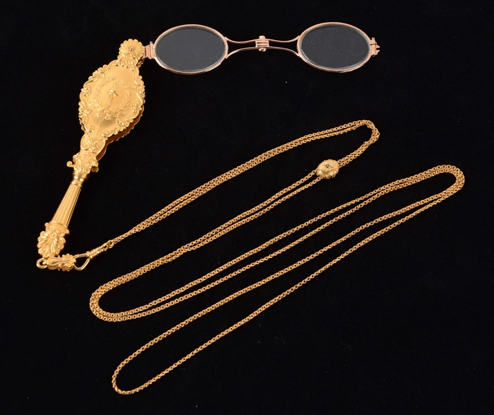 ANTIQUE 14K YELLOW GOLD LORGNETTE OPERA GLASSES WITH SLIDE CHAIN. 