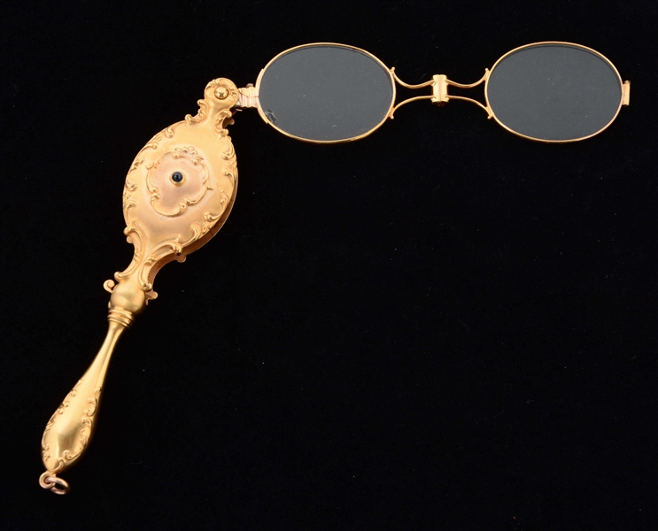 ANTIQUE 14K YELLOW GOLD LORGNETTE OPERA GLASSES WITH SAPPHIRE.