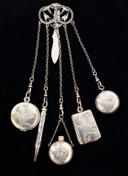 VICTORIAN ENGLISH ANTIQUE SILVER CHATELAINE.