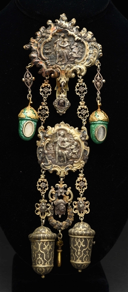 VICTORIAN ENGLISH ANTIQUE CHATELAINE IN CASE. 