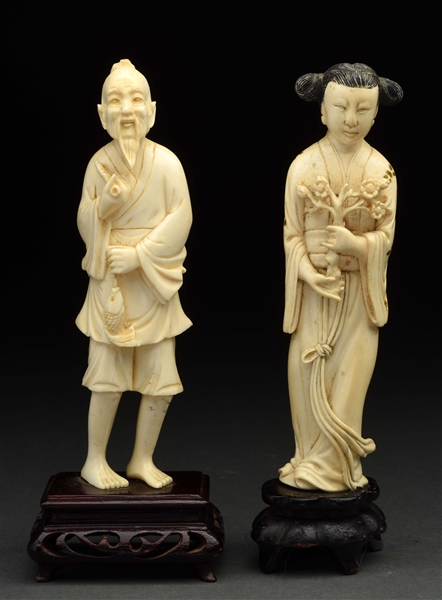 LOT OF 2: JAPANESE IVORY MAN & LADY ON WOODEN STANDS. 