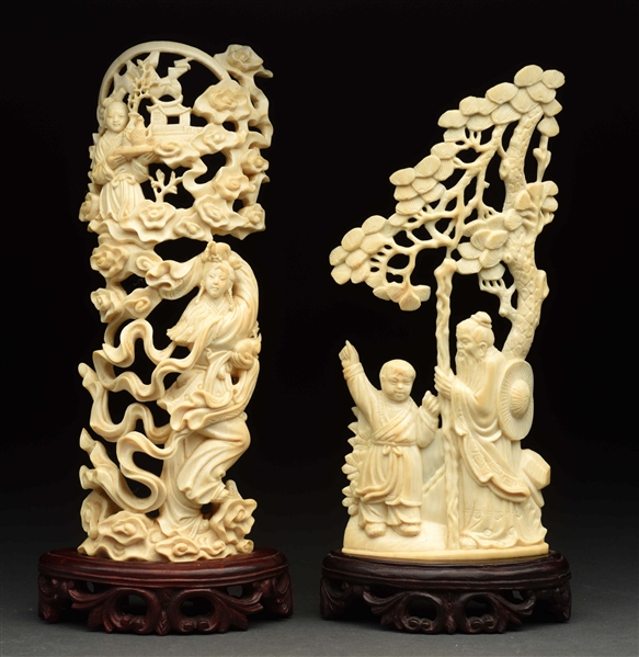 PAIR OF JAPANESE IVORY FIGURES ON WOOD BASES. 
