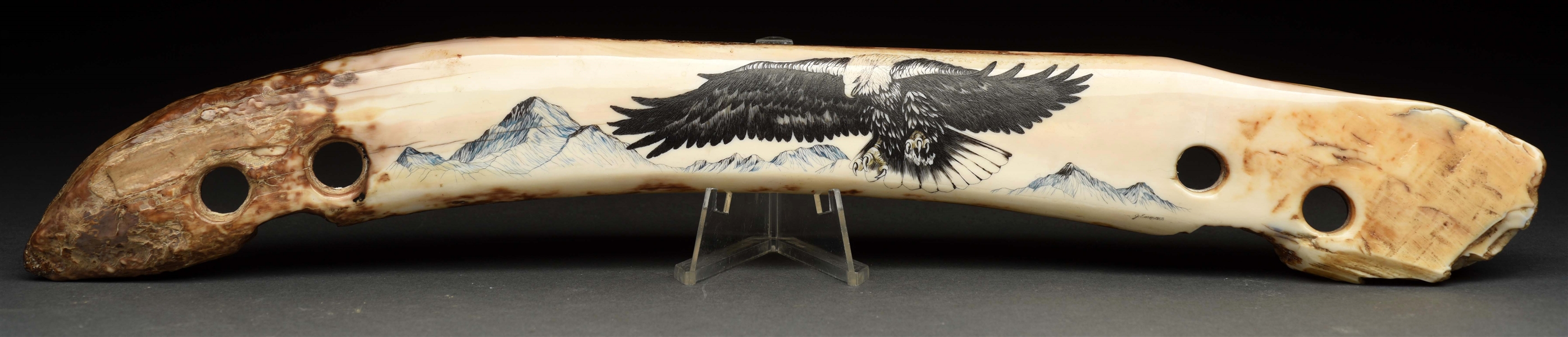 SCRIMSHAW OF EAGLE ON IVORY WITH 4 HOLES FOR PENS. 
