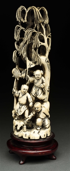 CHINESE CARVED IVORY OF 3 MEN FISHING.