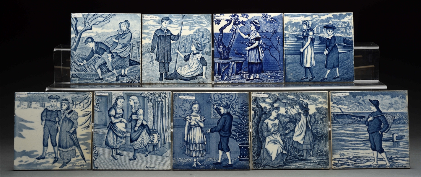 LOT OF 9: BLUE & WHITE WEDGEWOOD TILES. 