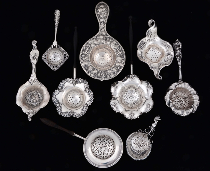LOT OF 9: STERLING SILVER TEA STAINERS. 