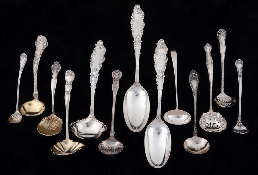 LOT OF 13: STERLING SILVER LADLES & SPOONS. 