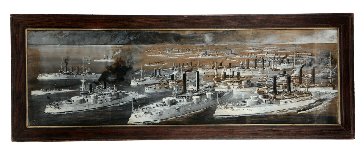 LARGE PAINTING OF BATTLE SHIPS AT SEA. 