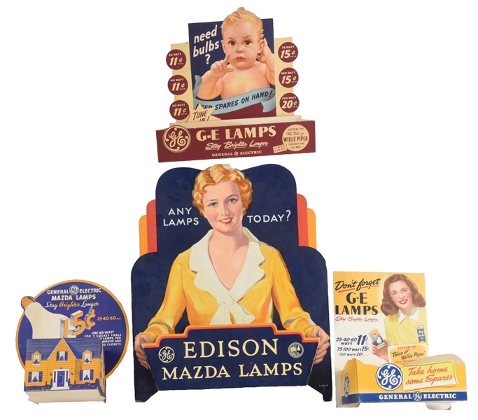 LOT OF 4: ASSORTED MAZDA LAMPS CARDBOARD DISPLAY SIGNS.