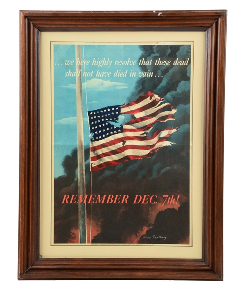 FRAMED PERIOD PEARL HARBOR REMEMBRANCE POSTER FOR WWII WAR BONDS.