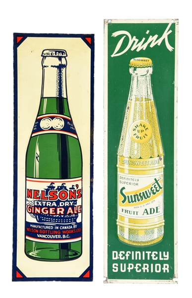 LOT OF 2: NELSONS GINGER ALE & SUNSWEET TIN ADVERTISING SIGNS. 