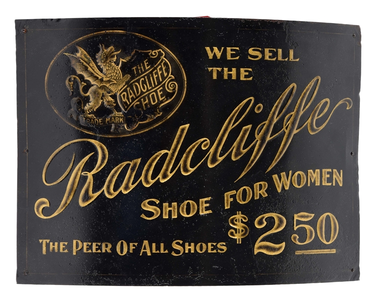 RADCLIFFE SHOES CURVED TIN LITHO ADVERTISING SIGN.