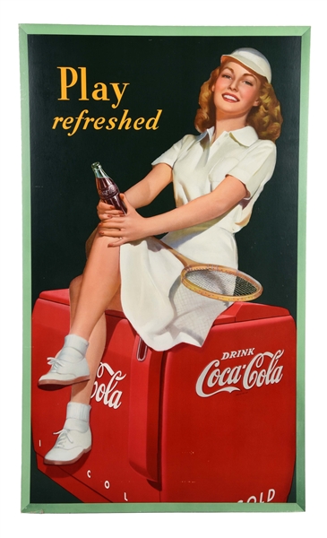 PLAY REFRESHED COCA-COLA CARDBOARD ADVERTISING SIGN. 