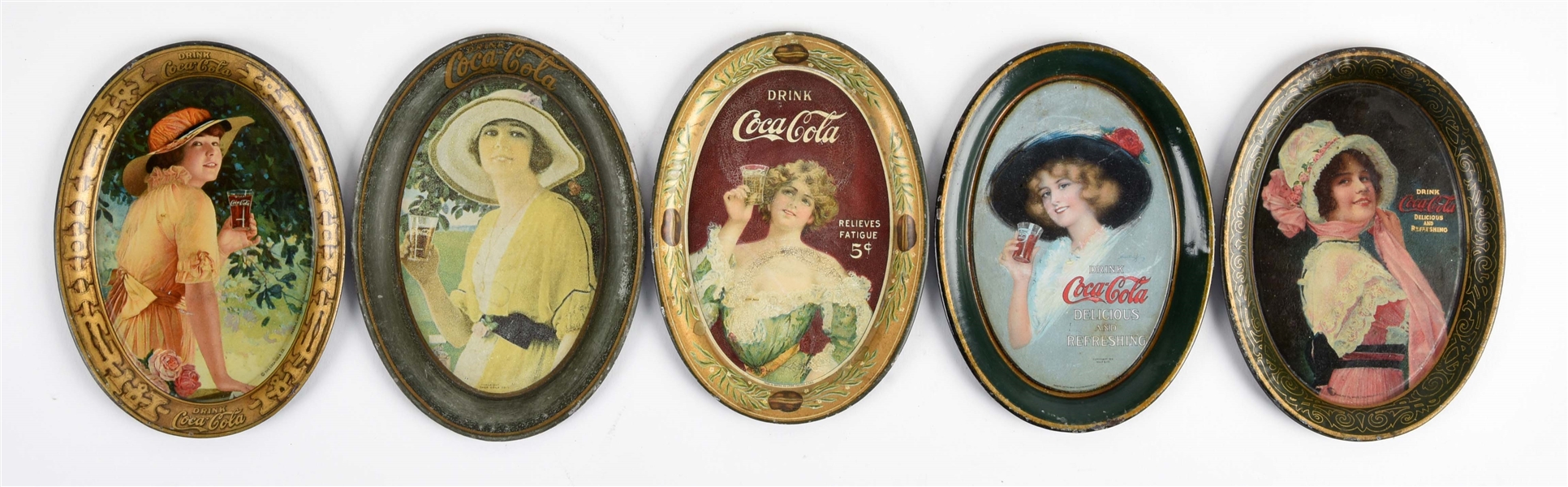 LOT OF 5: EARLY COCA-COLA TIN TIP TRAYS. 