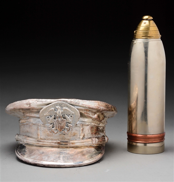 SILVER PLATED U.S. NAVY OFFICERS DRESS CAP & PROJECTILE COCKTAIL SHAKER.