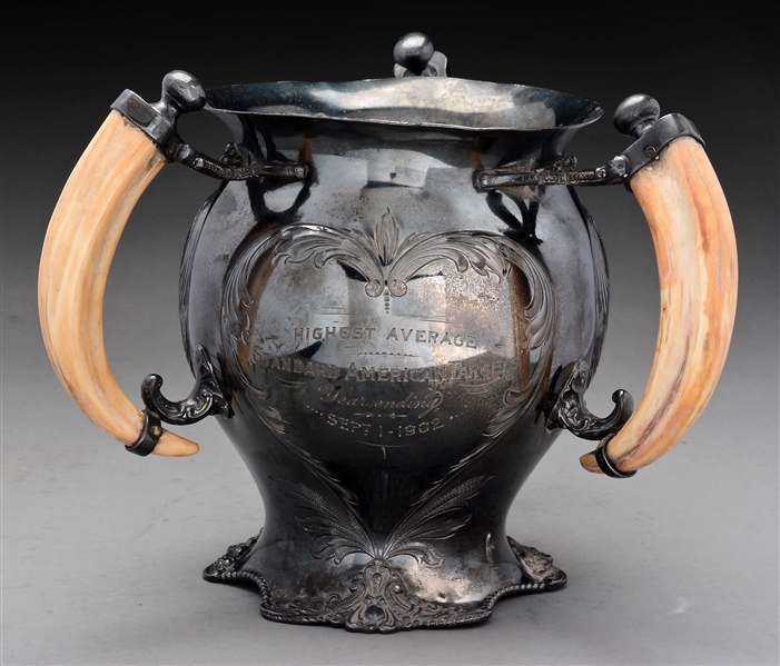 SILVER PLATED PETERS CATRIDGE COMPANY 1902 THREE-HORN HANDLED TROPHY CUP.