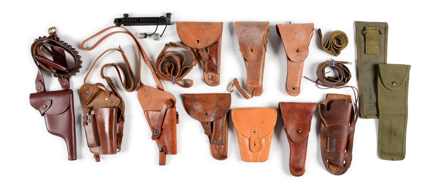 LOT OF 10: PERIOD LEATHER HOLSTERS & ASSORTED.