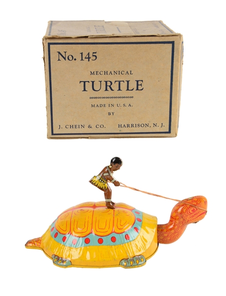 CHEIN TIN LITHO WIND UP NATIVE RIDING TURTLE. 