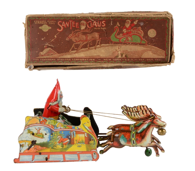 STRAUSS TIN LITHO WIND UP SANTEE CLAUS TOY.