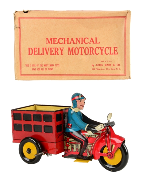 MARX TIN LITHO WIND UP DELIVERY MOTORCYCLE TOY. 