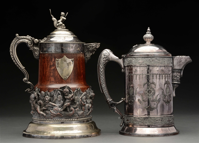 TWO SILVER PLATED WATER PITCHERS.